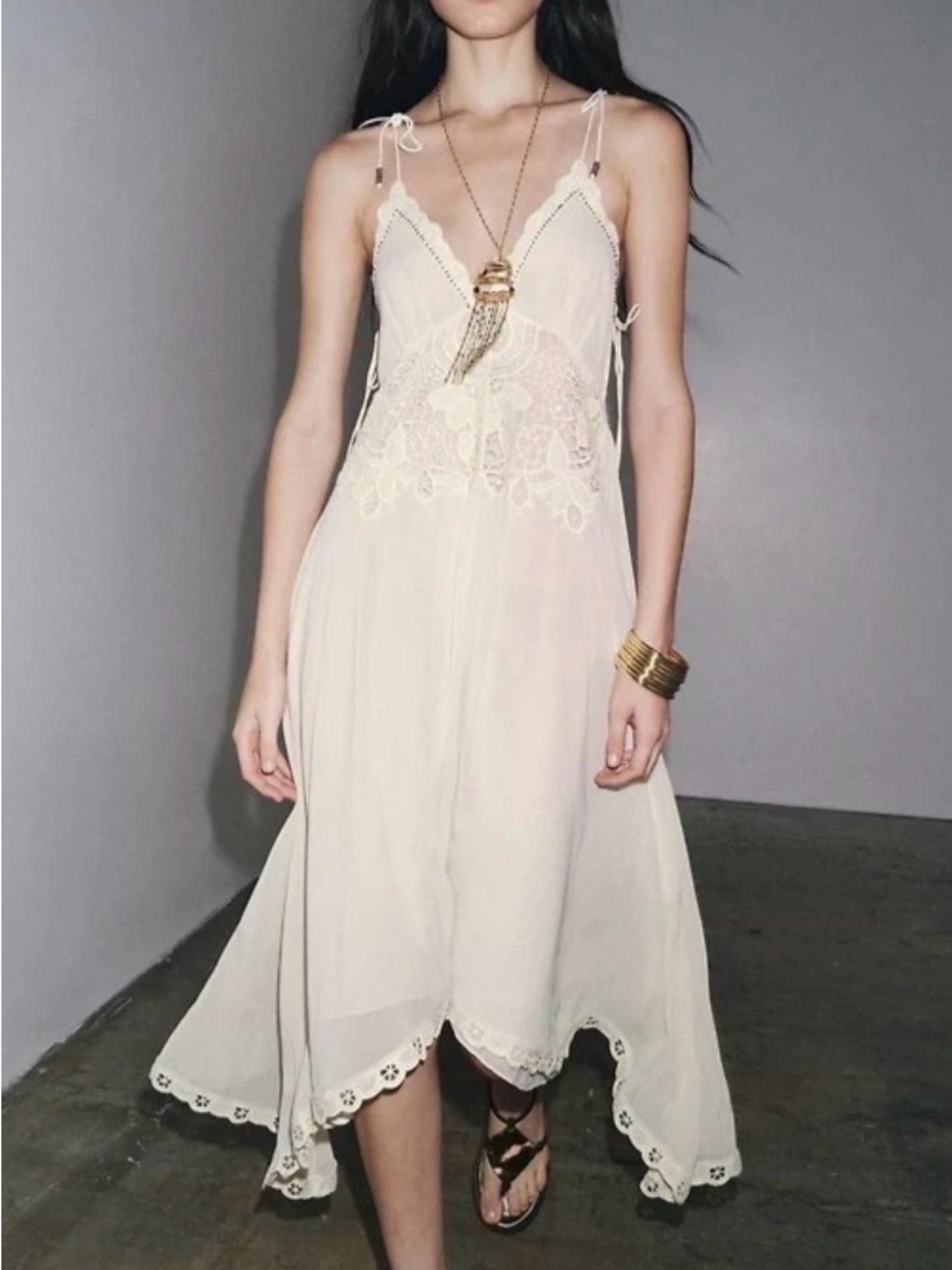 Zara Cream Lace-Trim High-Low Slip Dress